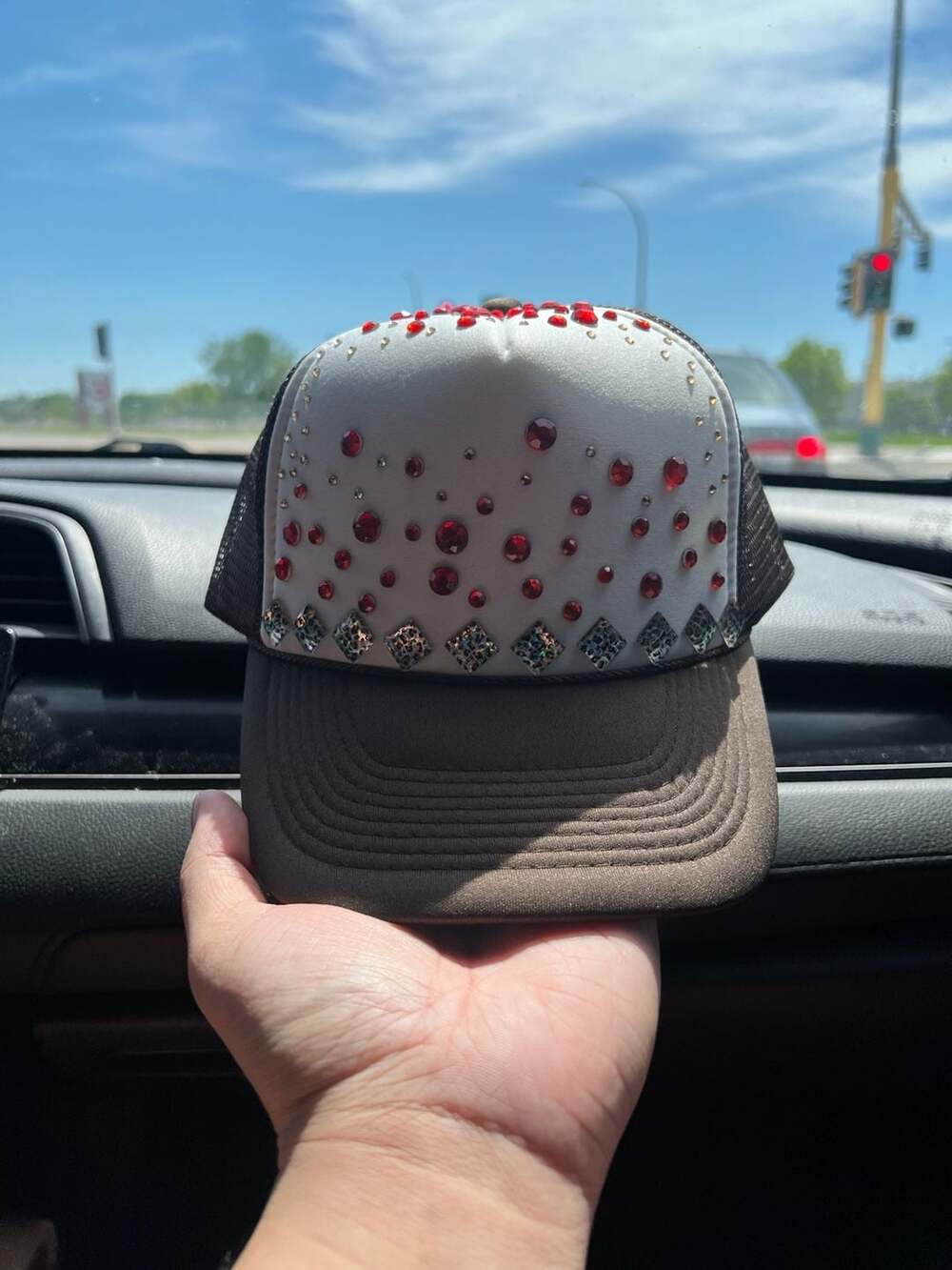 Nissun Cap Rhinestone Embellished Brown Trucker Hat